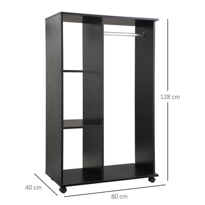 HOMCOM Open Wardrobe on Wheels, Bedroom Wardrobe with Clothes Hanging Rail, 3 Storage Shelves, Mobile Garment Rack for Cloakroom, Hallway, Black 