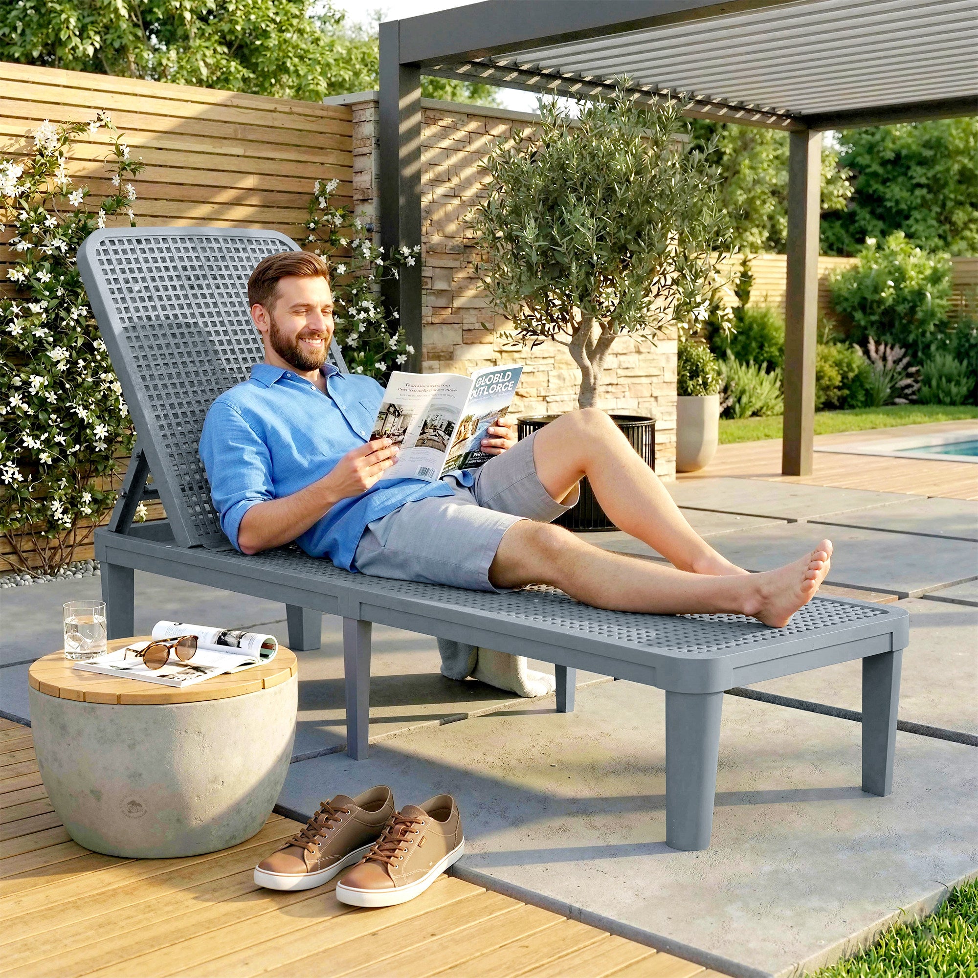 Outsunny Plastic Sun Lounger, 4-Position Adjustable Reclining Garden Lounger Sunbed for Patio, Beach, Terrace, Dark Grey 