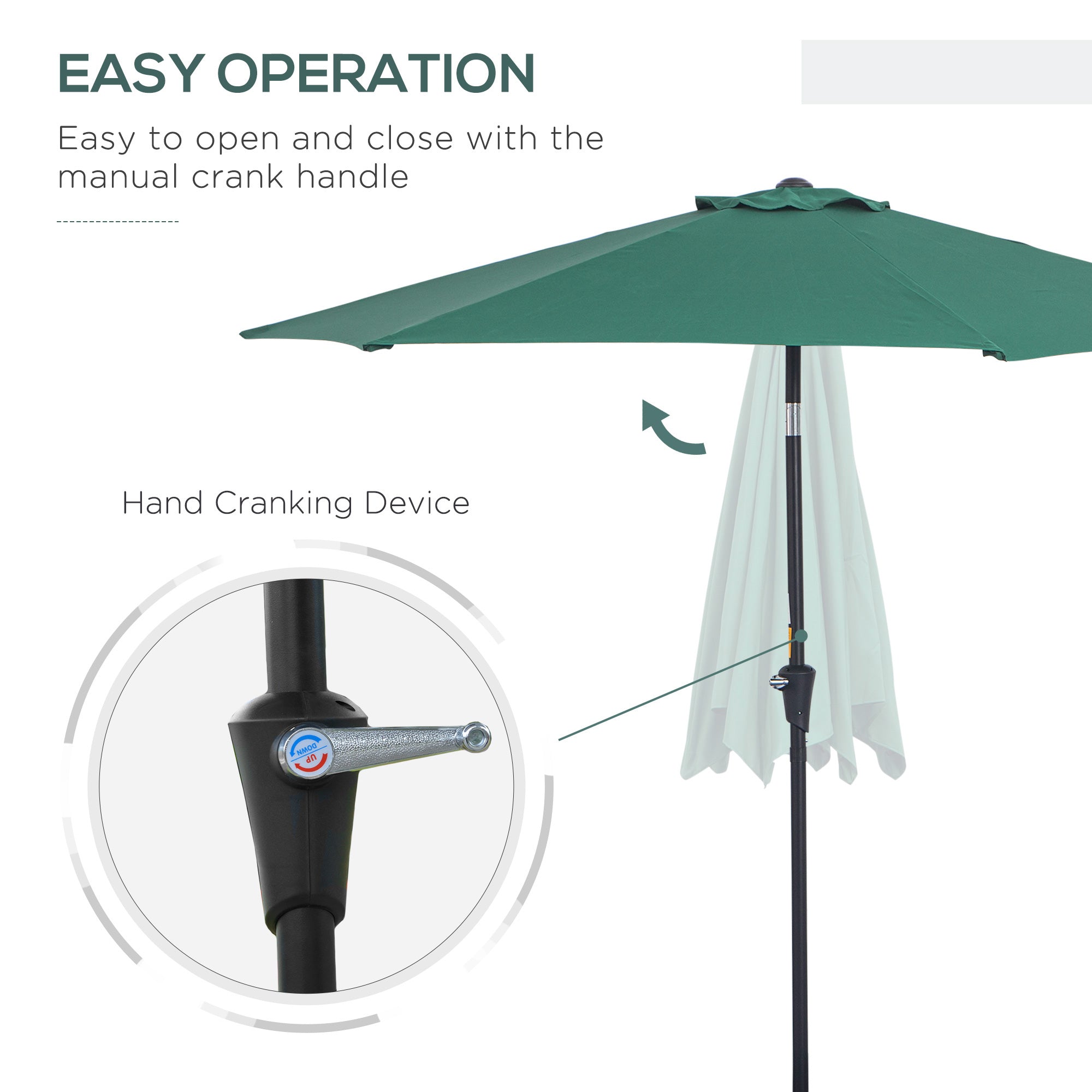 Outsunny 2.6M Garden Parasol Umbrella with Tilt and Crank, Outdoor Sun Parasol Sunshade Shelter with Aluminium Frame, Green 