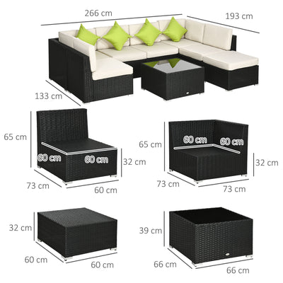Outsunny 8 Pieces PE Rattan Corner Sofa Set, Outdoor Garden Furniture Set, Patio Wicker Sofa Seater w/ Cushion, Washable Cushion Cover & Tempered Glass Table, Black 