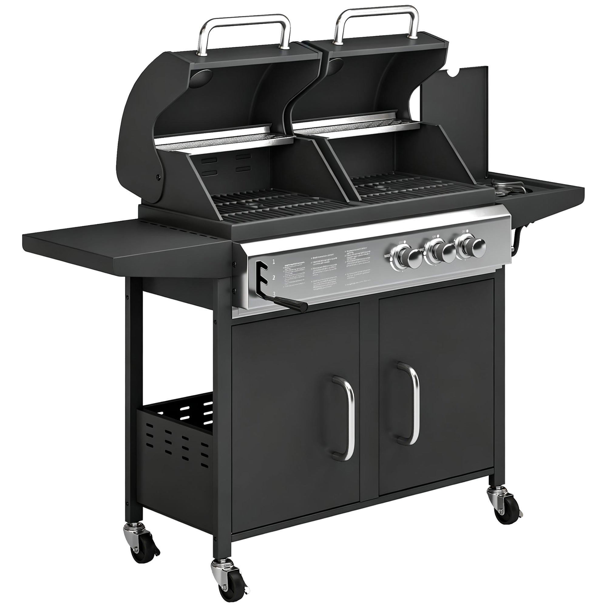 Outsunny 2+1 Burner Hybrid Dual Fuel BBQ Gas Grill, 2-in-1 Propane & Charcoal Barbecue Grill Smoker Combo with Wheels, Black 