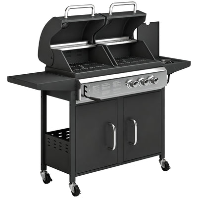 Outsunny 2+1 Burner Hybrid Dual Fuel BBQ Gas Grill, 2-in-1 Propane & Charcoal Barbecue Grill Smoker Combo with Wheels, Black 