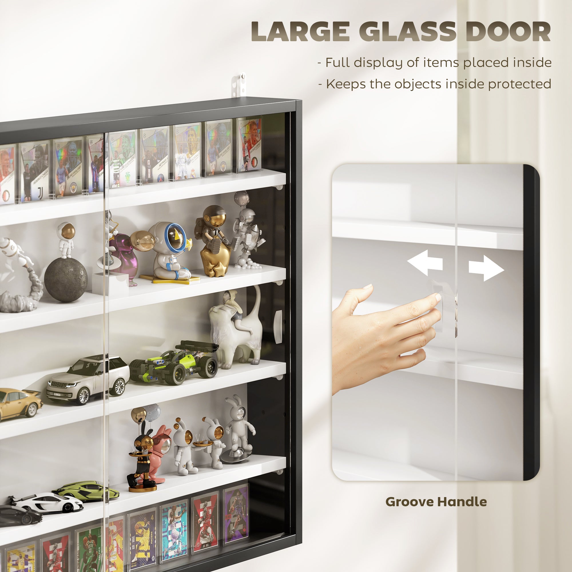 HOMCOM 5-Tier Wall Display Cabinet,  Wall Mounted Display Case w/ 4 Adjustable Shelves, Glass Doors, 60x80cm, Black and White 