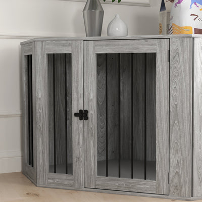 PawHut 2 in 1 Dog Crate Furniture Side Table, with Cushion, 122 x 61 x 71cm - Grey 