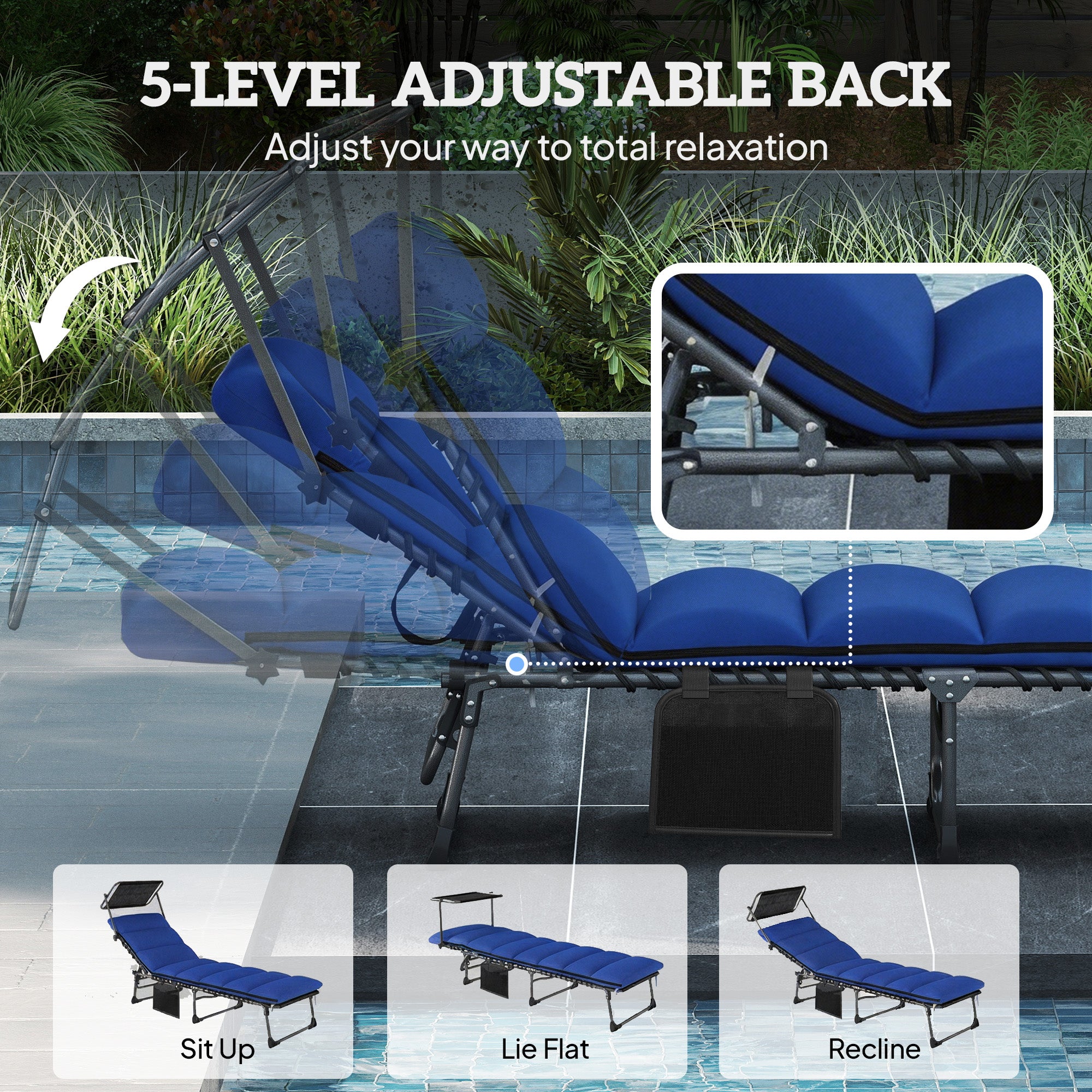Outsunny Folding Sun Lounger with Canopy, Reclining Sunbed with Cushion, Side Pocket, Carrying Handle, Dark Blue 