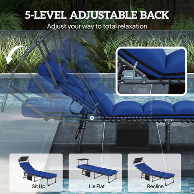 Outsunny Folding Sun Lounger with Canopy, Reclining Sunbed with Cushion, Side Pocket, Carrying Handle, Dark Blue 
