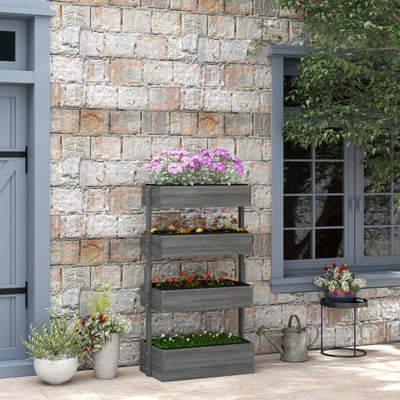 Outsunny Four-Tier Basket Wooden Plant Stand - Grey 