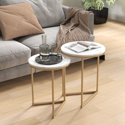 HOMCOM Set of Two Marble-Effect Nest of Tables - White/Gold-Tone 