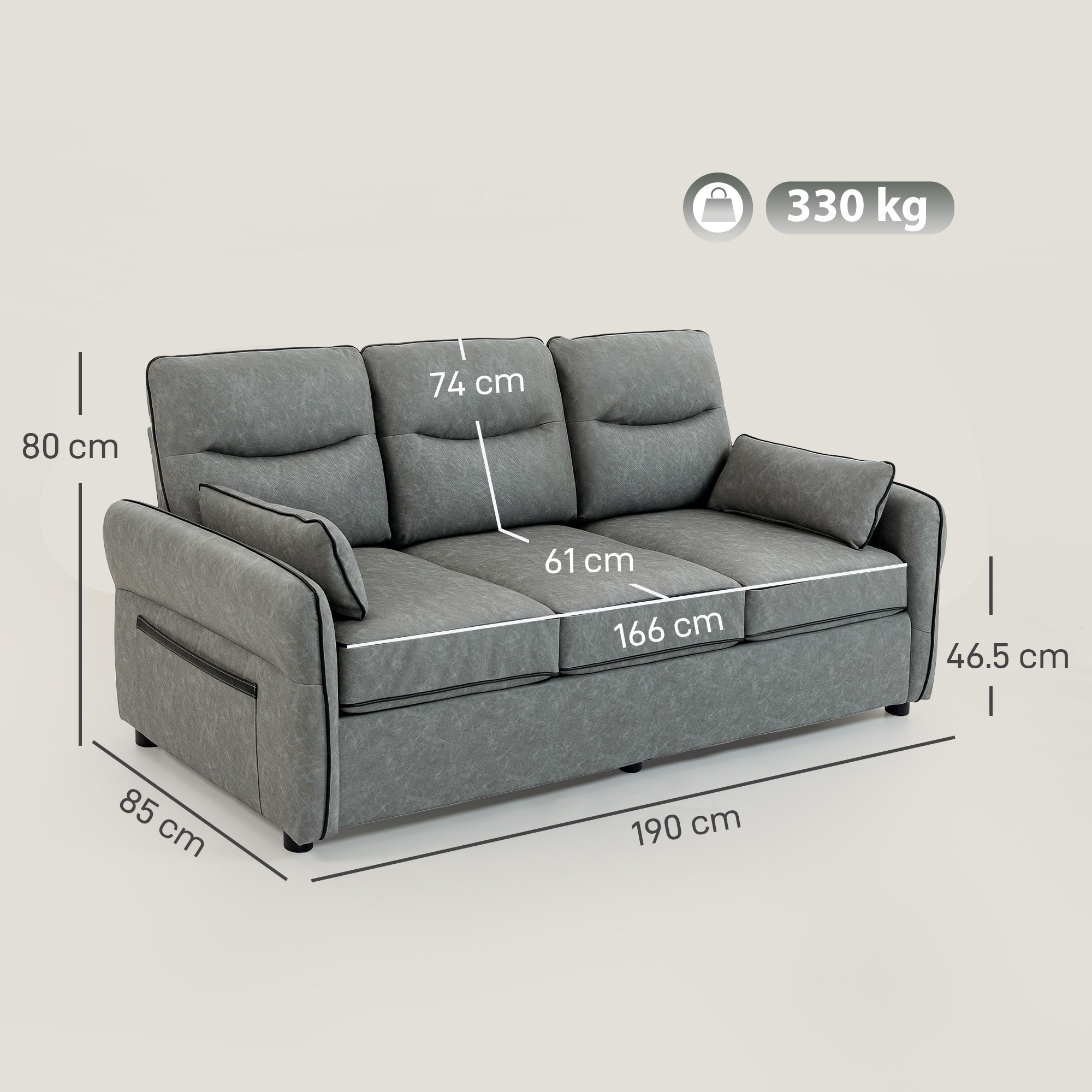 HOMCOM 3 Seater Sofa, Faux Leather Couch - Grey 