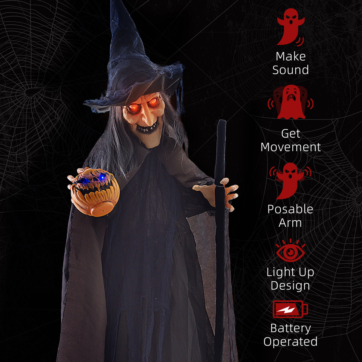 HOMCOM 6'2" Witch with Broomstick Halloween Animatronic, with Glowing Eyes 