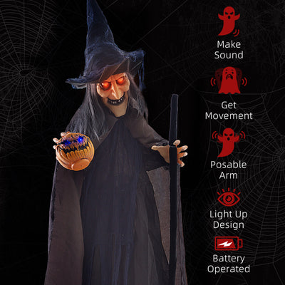 HOMCOM 6'2" Witch with Broomstick Halloween Animatronic, with Glowing Eyes 