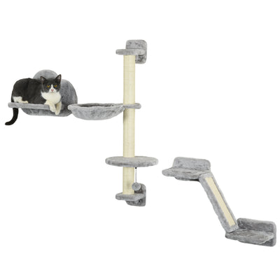 PawHut Three-Piece Wall-Mounted Cat Shelves, with Hammock, Ladder, Platforms, Scratching Post - Grey 