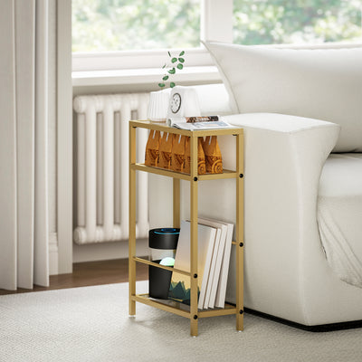 HOMCOM 3-Tier Side Table, Narrow End Table with Storage Shelf and Tempered Glass Tabletop for Small Spaces, Bedroom, Living Room, Entryway, Gold Tone 