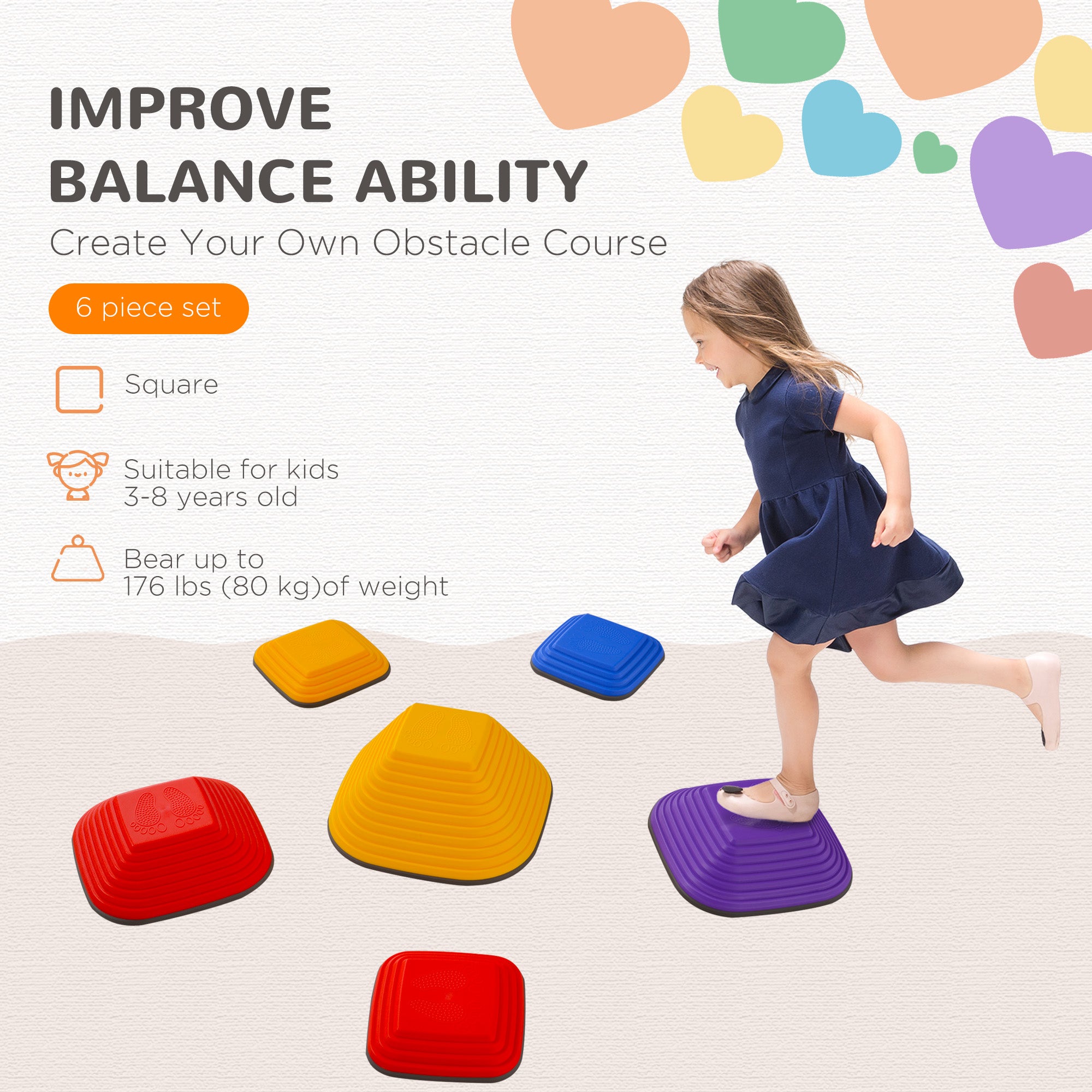 AIYAPLAY Balance Stepping Stones for Kids, 6-Piece Non-Slip Stackable River Stones, Obstacle Courses for Balance and Motor Skill 