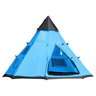 Outsunny 6 Men Tipi Tent, Camping Tent, Teepee Family Tent with Mesh Windows, Sewn-in Tent Floor, Two Doors and Carry Bag, Easy Set Up, for Hiking Picnics Outdoor Night, Blue 