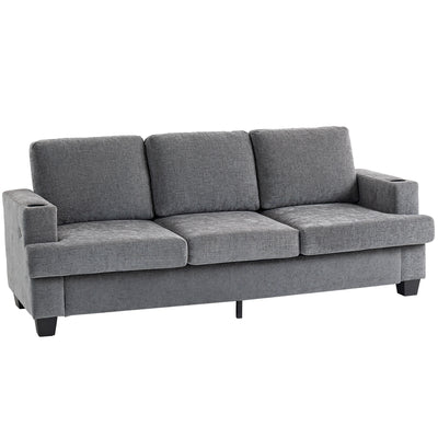 HOMCOM 3 Seater Sofa with USB Ports & Cup Holders - Grey 
