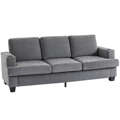 HOMCOM 3 Seater Sofa with USB Ports & Cup Holders - Grey
