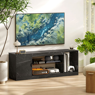 HOMCOM TV Stand Cabinet, Marble Effect TV Unit for up to 55" TVs with Glass Shelf and Storage Cabinet, Entertainment Unit for Living Room, Bedroom, Black 