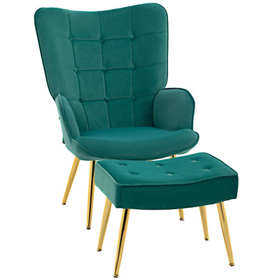 HOMCOM Modern Armchair with Footstool, Upholstered Accent Chair with Ottoman, Steel Legs, Velvet Wingback Chair for Living Room, Bedroom, Home Study, Dark Green 