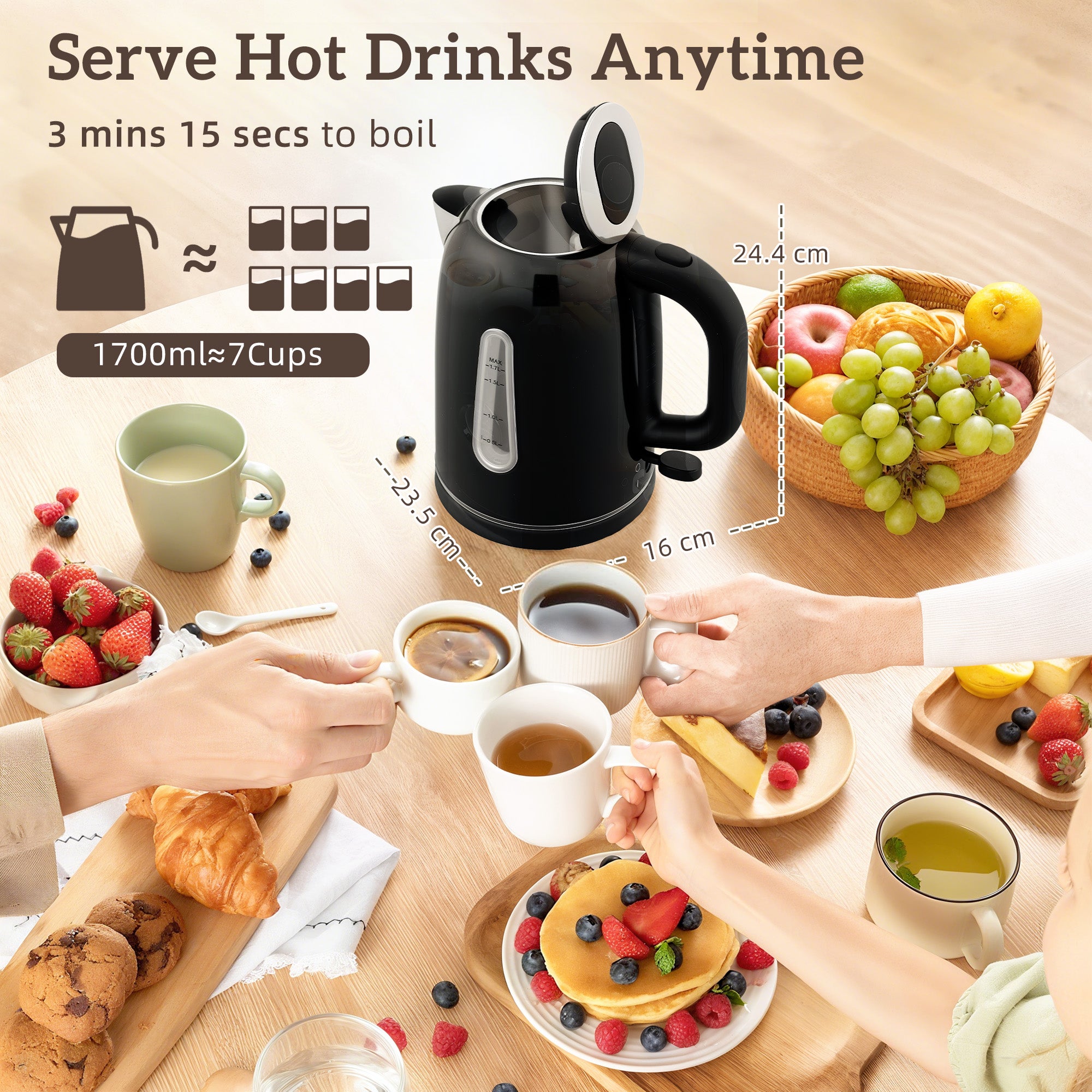 HOMCOM Kettle and Toaster Set, 1.7L 3000W Rapid Boil Jug Kettle with Otter Thermostat, Limescale Filter, 4 Slice Toaster with 7 Browning Controls, Crumb Tray, LED Strip, Black 