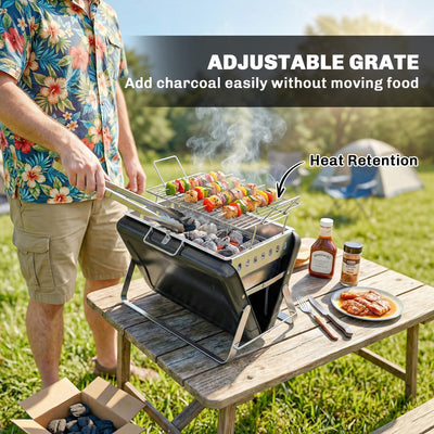 Outsunny Charcoal BBQ Grill Portable Stainless Steel Barbecue with Tilting Grate for Camping Picnic Garden Black 
