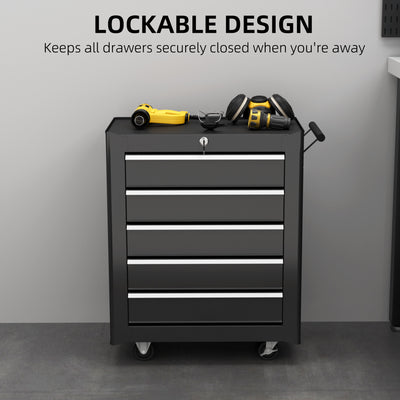 HOMCOM 5-Drawer Tool Chest with Wheels, Steel Lockable Tool Storage Cabinet with Handle, 2 Keys for Garage, Workshop, Black 
