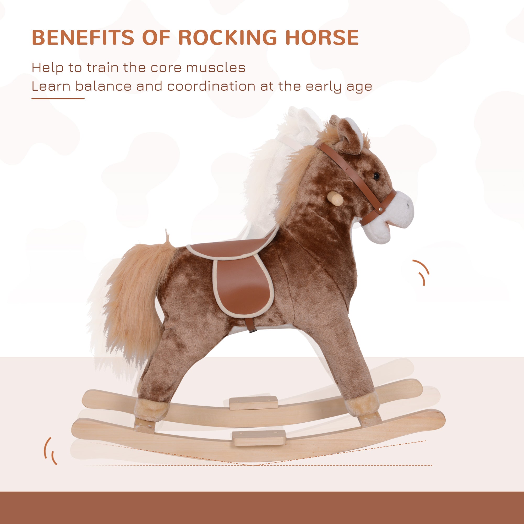 HOMCOM Kids Children Plush Rocking Horse Wooden Base Ride On Toy Rocker with Handle Grip Traditional Toy Fun Gift for Age 3+ (Brown & White) 