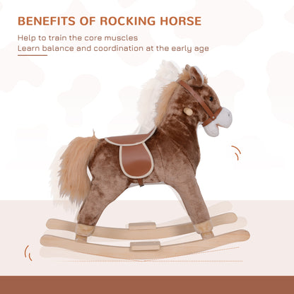 HOMCOM Kids Children Plush Rocking Horse Wooden Base Ride On Toy Rocker with Handle Grip Traditional Toy Fun Gift for Age 3+ (Brown & White) 