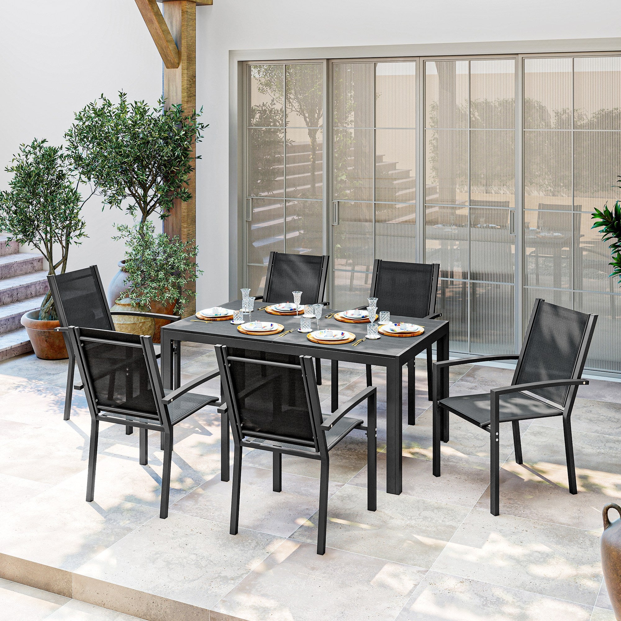 Outsunny Seven-Piece Garden Dining Set, with Plastic Wood-Top Table - Black 