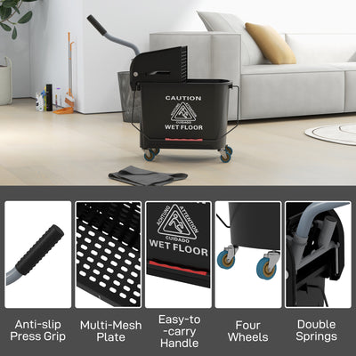 HOMCOM 20L Mop Bucket on Wheels, with Water Separation Panel - Black 