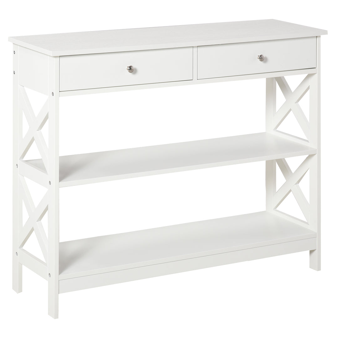 HOMCOM Console Table Side Desk w/ Shelves Drawers Open Top X Support Frame Living Room Hallway Home Office Furniture White 