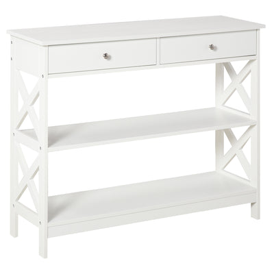 HOMCOM Console Table Side Desk w/ Shelves Drawers Open Top X Support Frame Living Room Hallway Home Office Furniture White 