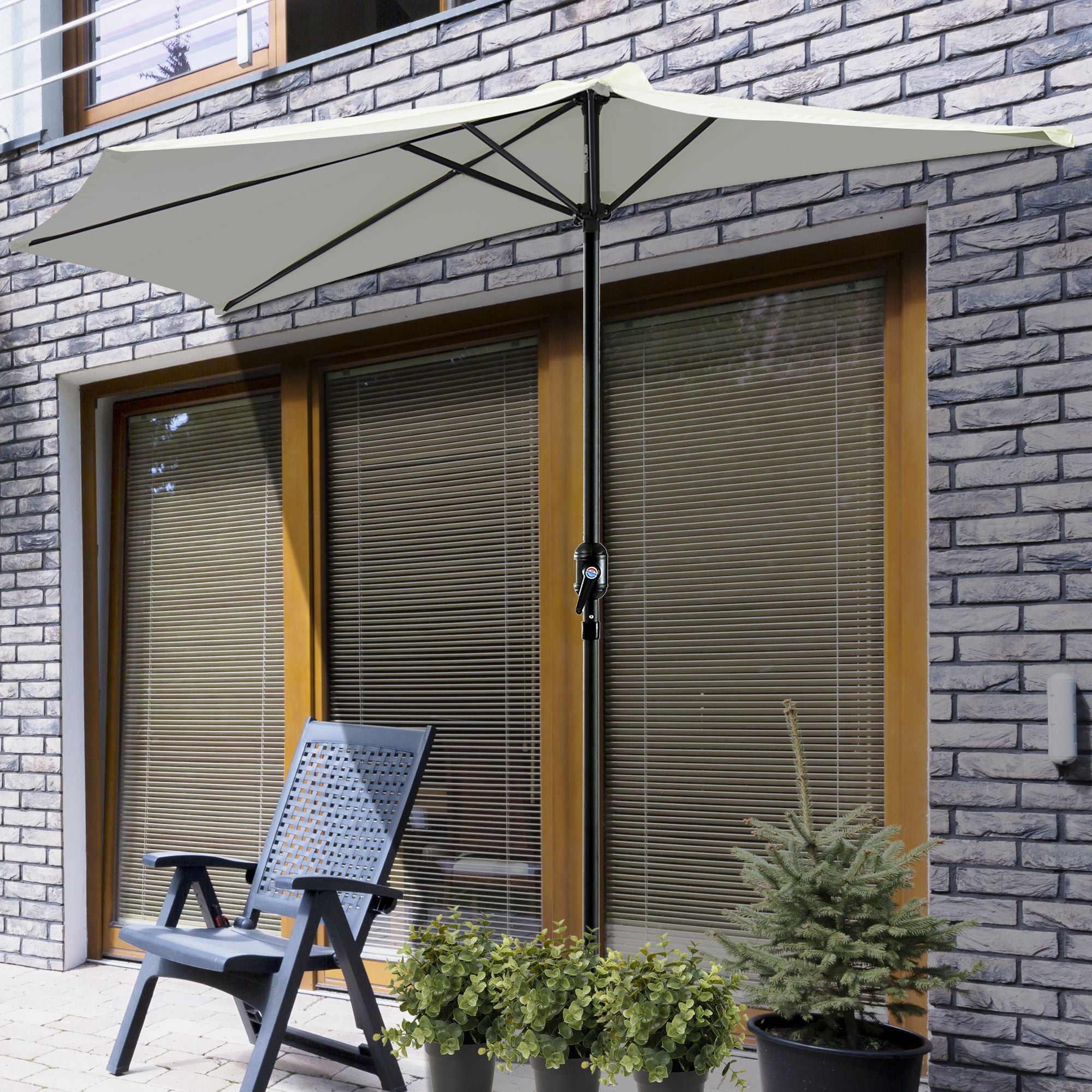 Outsunny 2.7m Garden Half Parasol, Outdoor Balcony Umbrella with 5 Steel Ribs, Patio Sun Shade, Cream White 