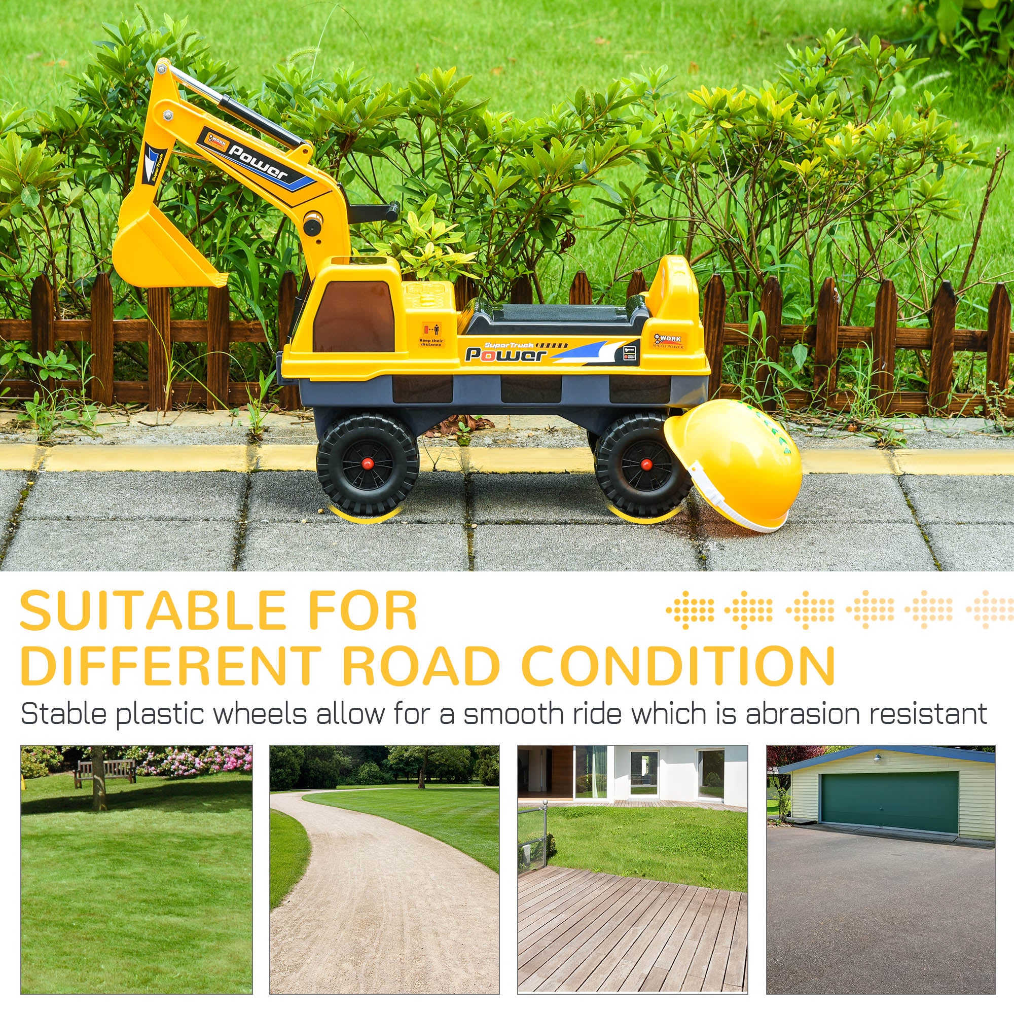 HOMCOM 2 in 1 Ride on Excavator Digger No Power Detachable Digging Bucket and Grab Bucket Music Light for 2-3 Years Old 