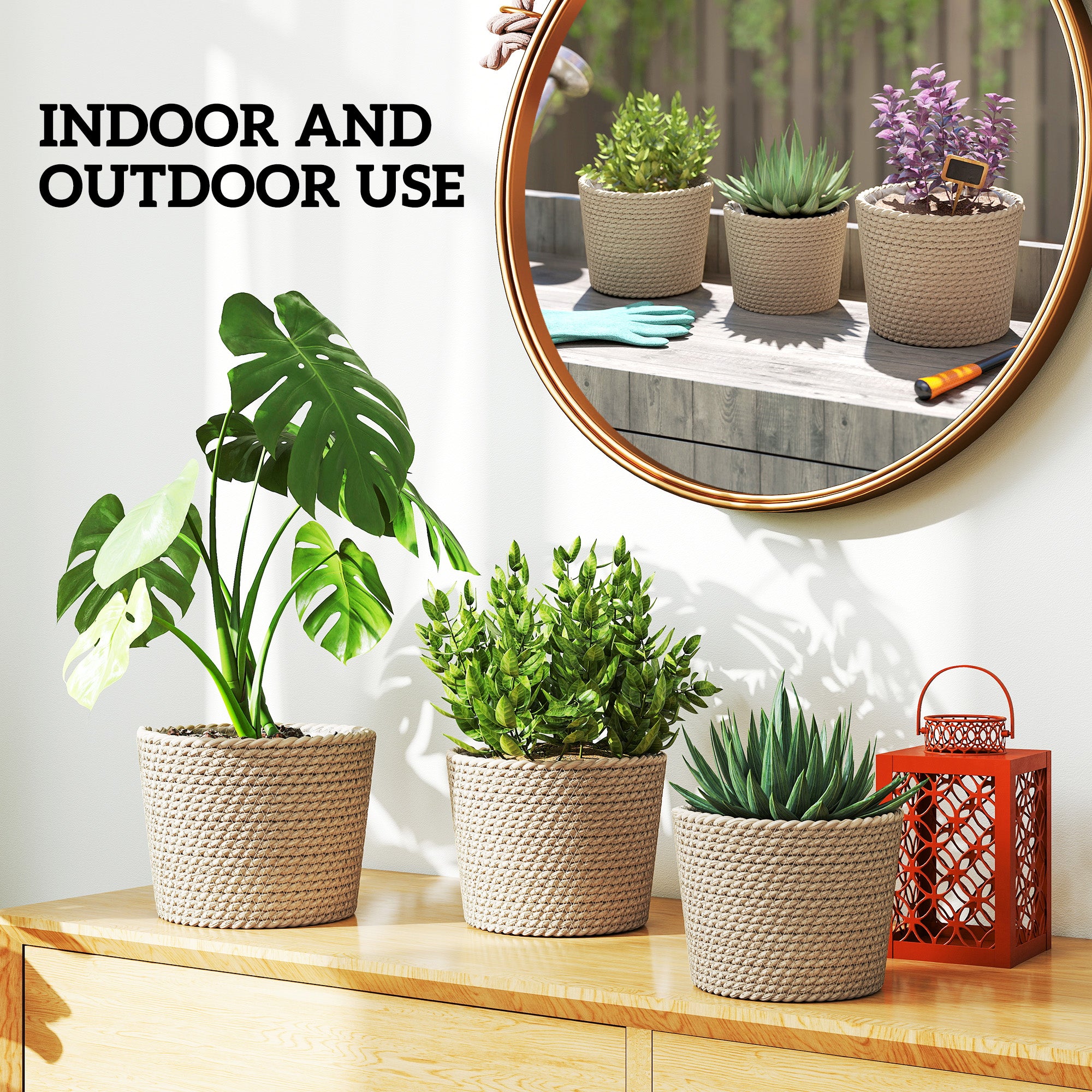 Outsunny Seagrass Planters Set of 3 Plant Pots for Indoor Outdoor Patio Balcony Natural 