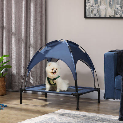 PawHut Raised Dog Bed Waterproof Elevated Pet Cot with Breathable Mesh UV Protection Canopy Blue, for Medium Dogs, 76 x 61 x 73cm 