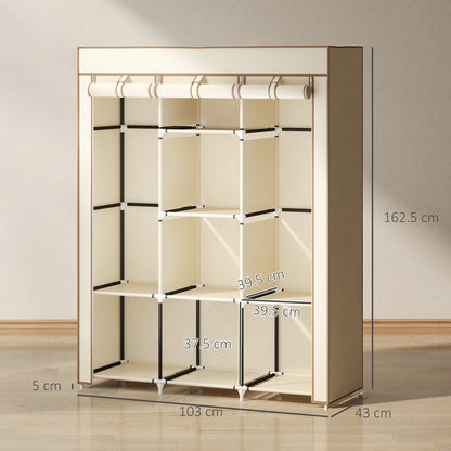 HOMCOM Fabric Wardrobe, Portable Wardrobe, Clothes Storage Unit with 8 Shelves, 2 Hanging Rods, 125 x 43 x 162.5 cm, Cream White 