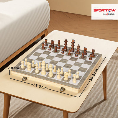 SPORTNOW 15 Inch Chess Set, Foldable Chess and Draughts Set, Brown 