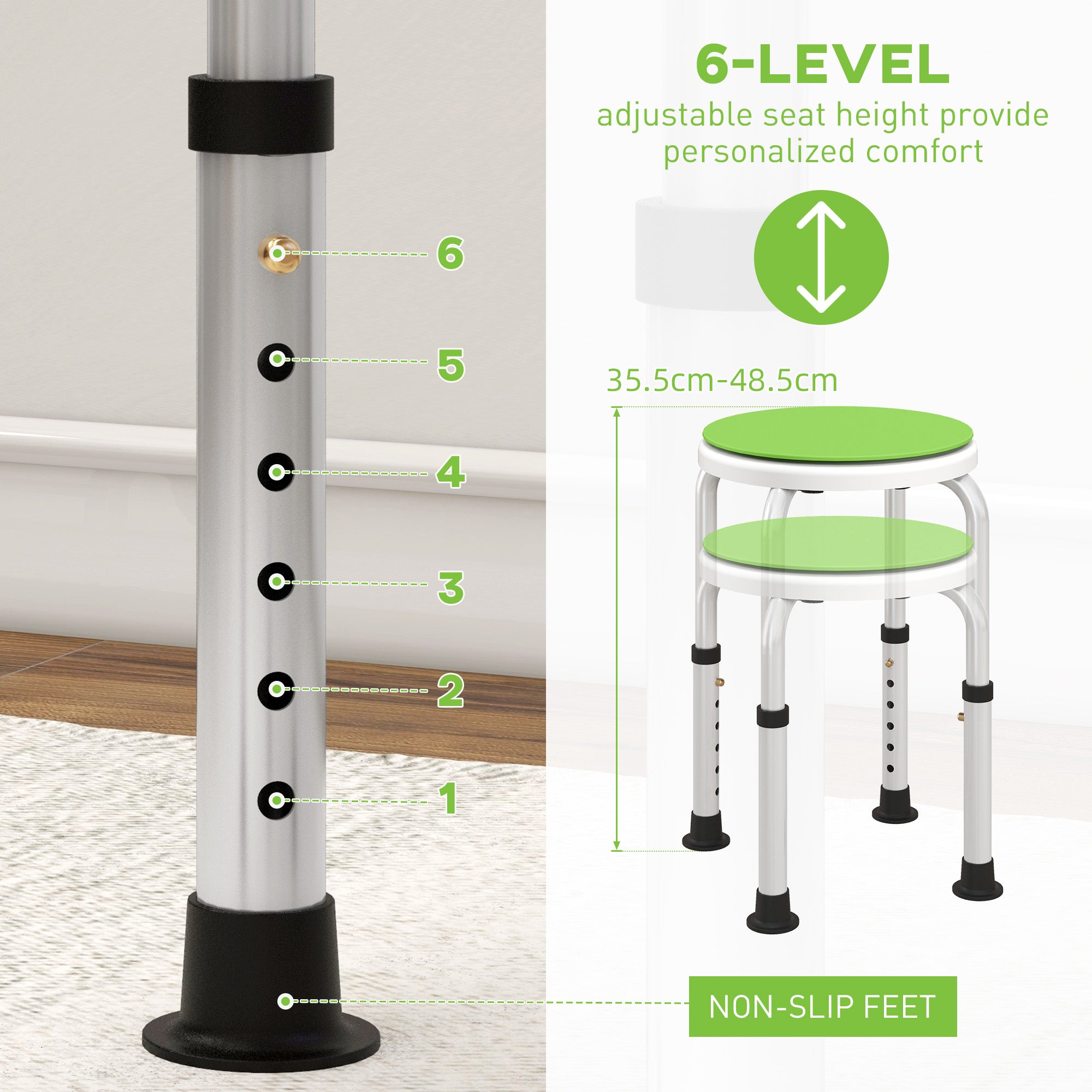 HOMCOM 360\'c2\'b0 Swivel Shower Chair, Height Adjustable Aluminium Shower Stool with Non-Slip Feet for Disabled, Elderly, Green