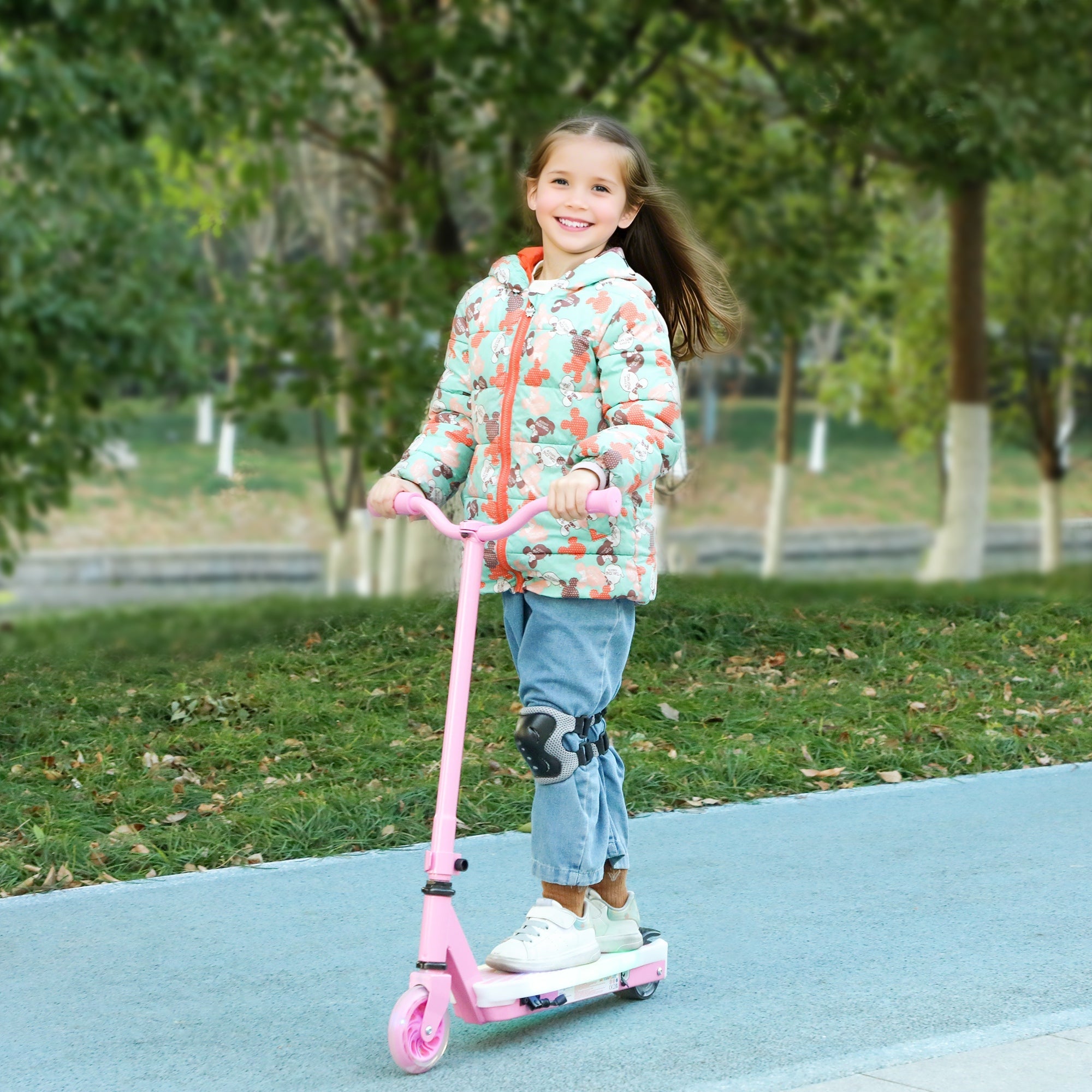 AIYAPLAY Electric Scooter for Kids Ages 4-7, with Auxiliary Rear Wheels, Flashing LED Light and Electric Brake, Kids Electric Scooter for Boys Girls, 6 KM/H & 8 KM, Pink 