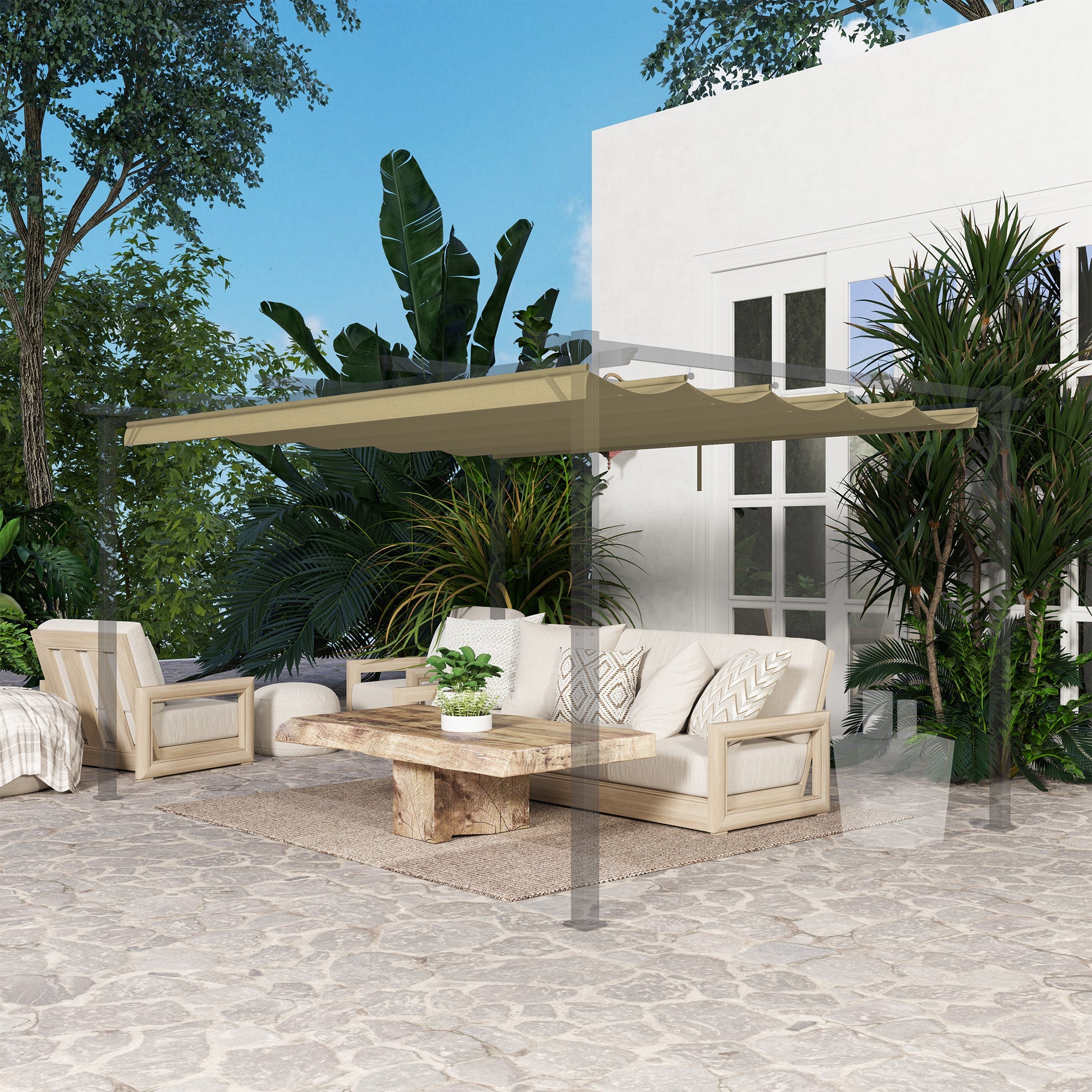 Outsunny Retractable Pergola Shade Cover, Replacement Canopy for 4 x 3 (m) Pergola, Retractable Roof, Tan 