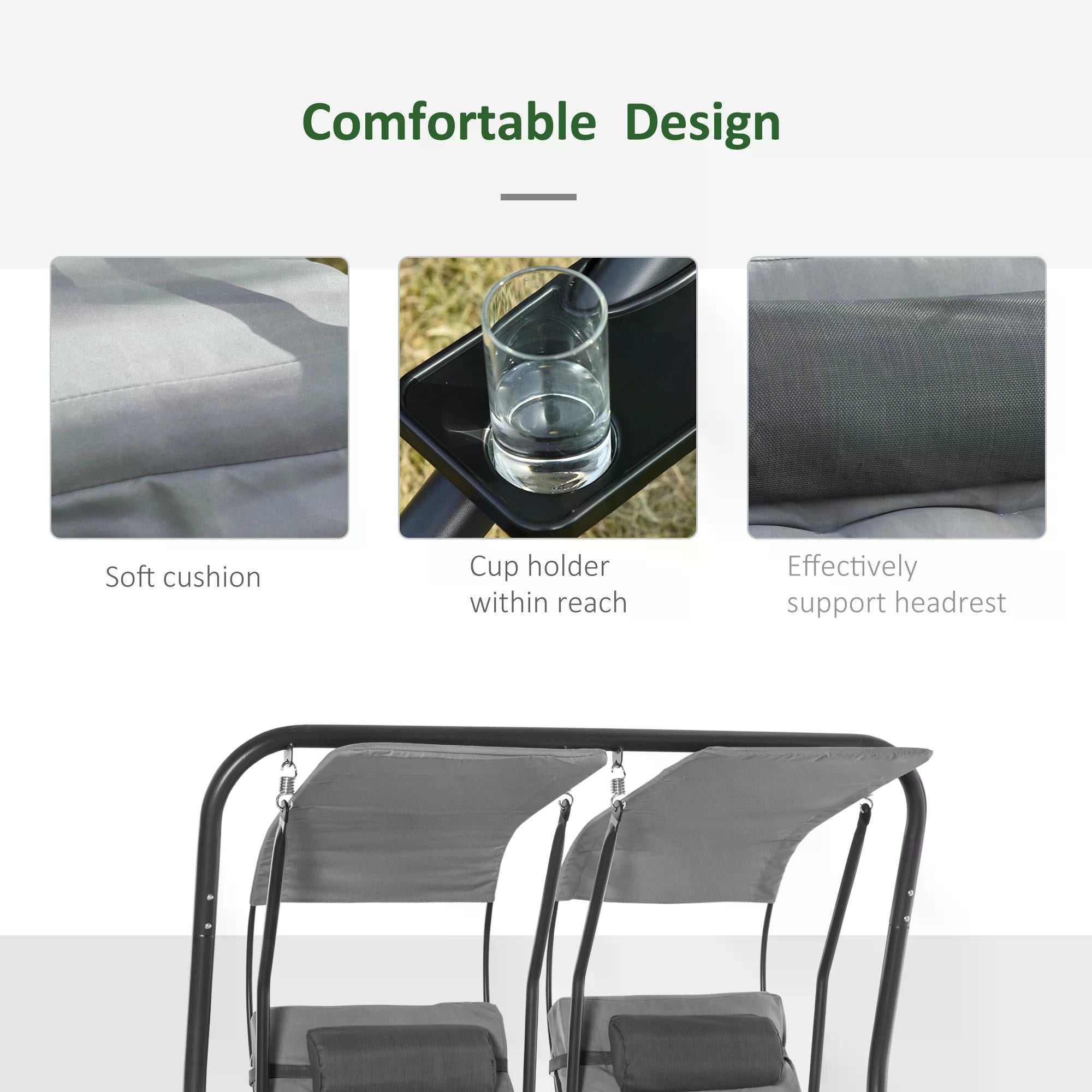 Outsunny Canopy Swing 2 Separate Relax Chairs w/ Handrails and Removable Canopy Grey 