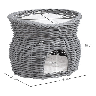 PawHut 2-Tier Wicker Cat House Elevated Pet Bed Basket Willow Kitten Tower Pet Den. with Washable Cushions 56x37x40cm Grey 