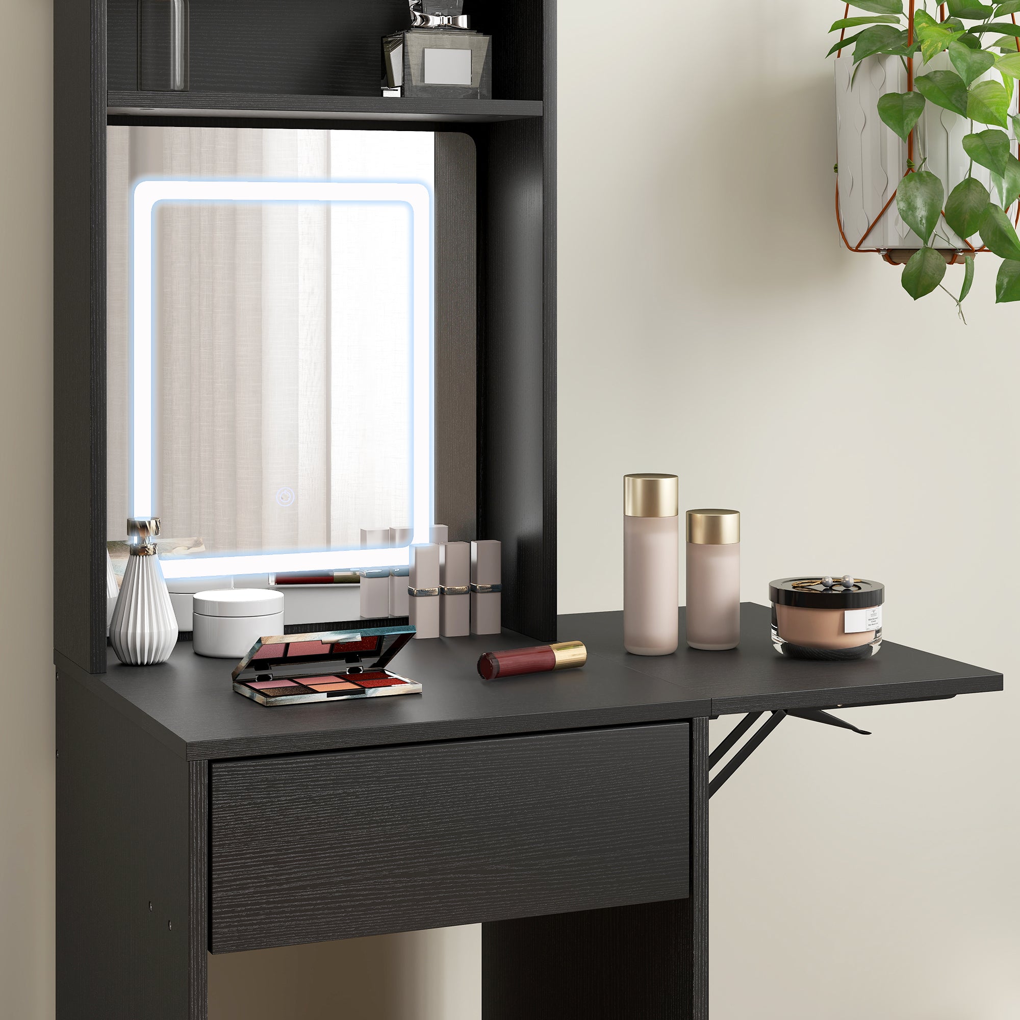 HOMCOM Small Vanity Desk with Mirror and LED Lights, Compact Dressing Table with Drop Leaf, Open Shelves and Drawer, Black 