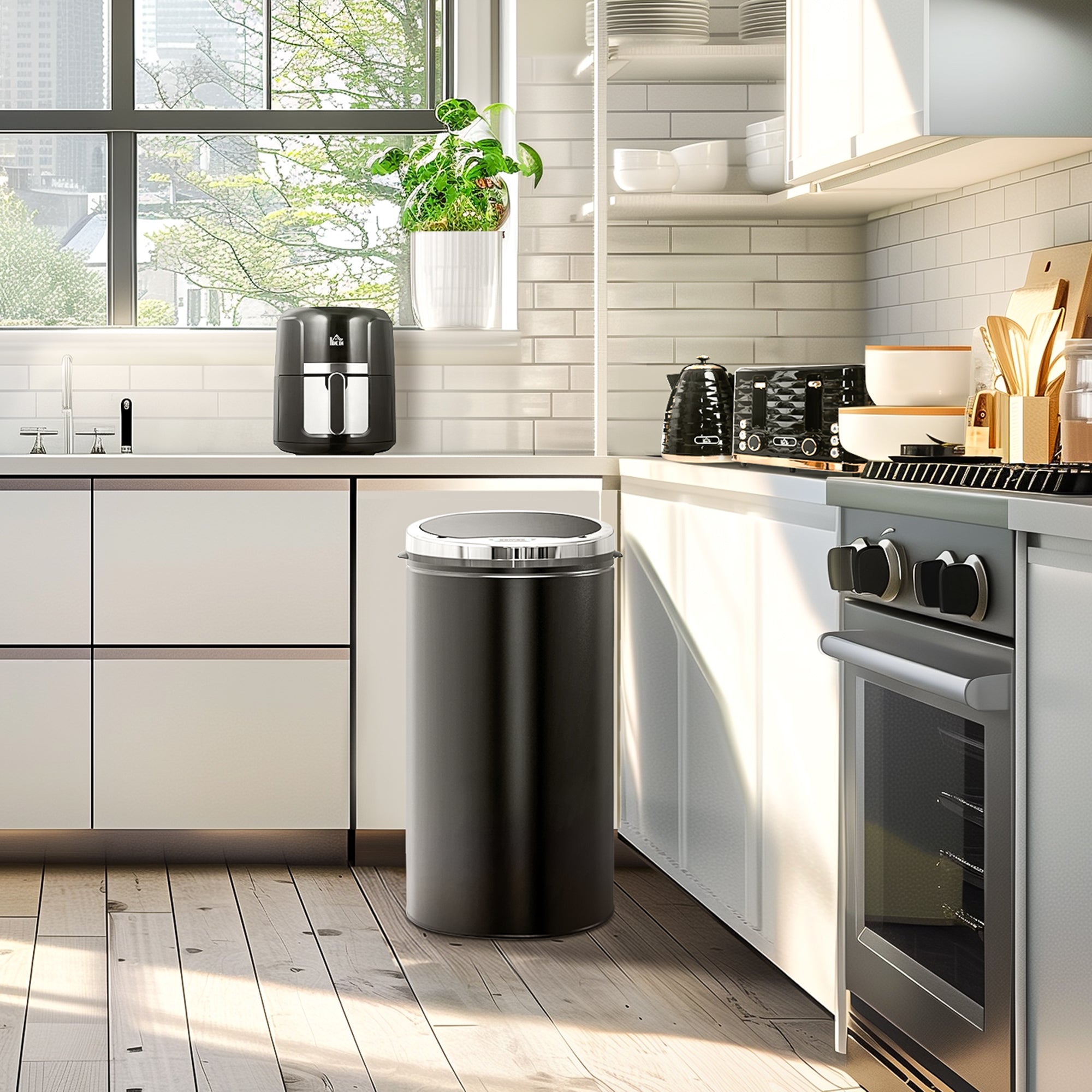 HOMCOM 42L Sensor Bin for Kitchen Waste Automatic Dustbin Motion Detection Dustbin  Stainless Steel Rubbish Can with Bucket, Black 