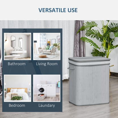 HOMCOM 100L Natural Wood Laundry Basket A Compartment w/Flip Lid Removable Lining Handles Board Base Foldable Durable Water-Resistant Dirty Clothes Storage Home Organisation Grey 