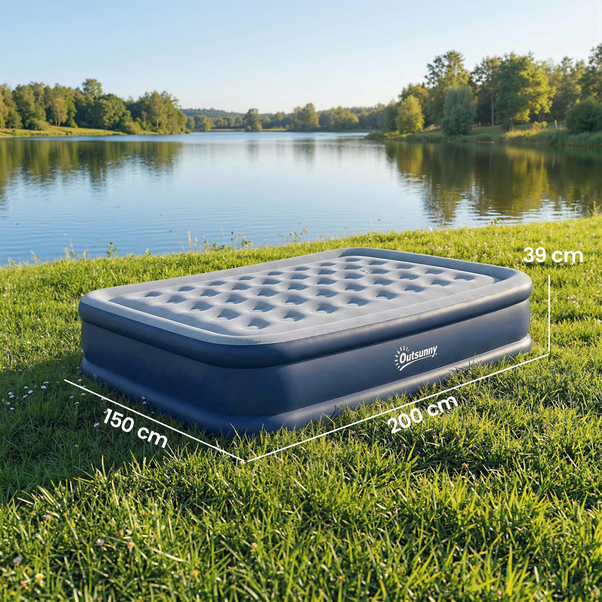 Outsunny Inflatable Mattress, Double Air Bed with Built-in Electric Pump, 3 Mins Inflation, Flocked Surface, Grey 