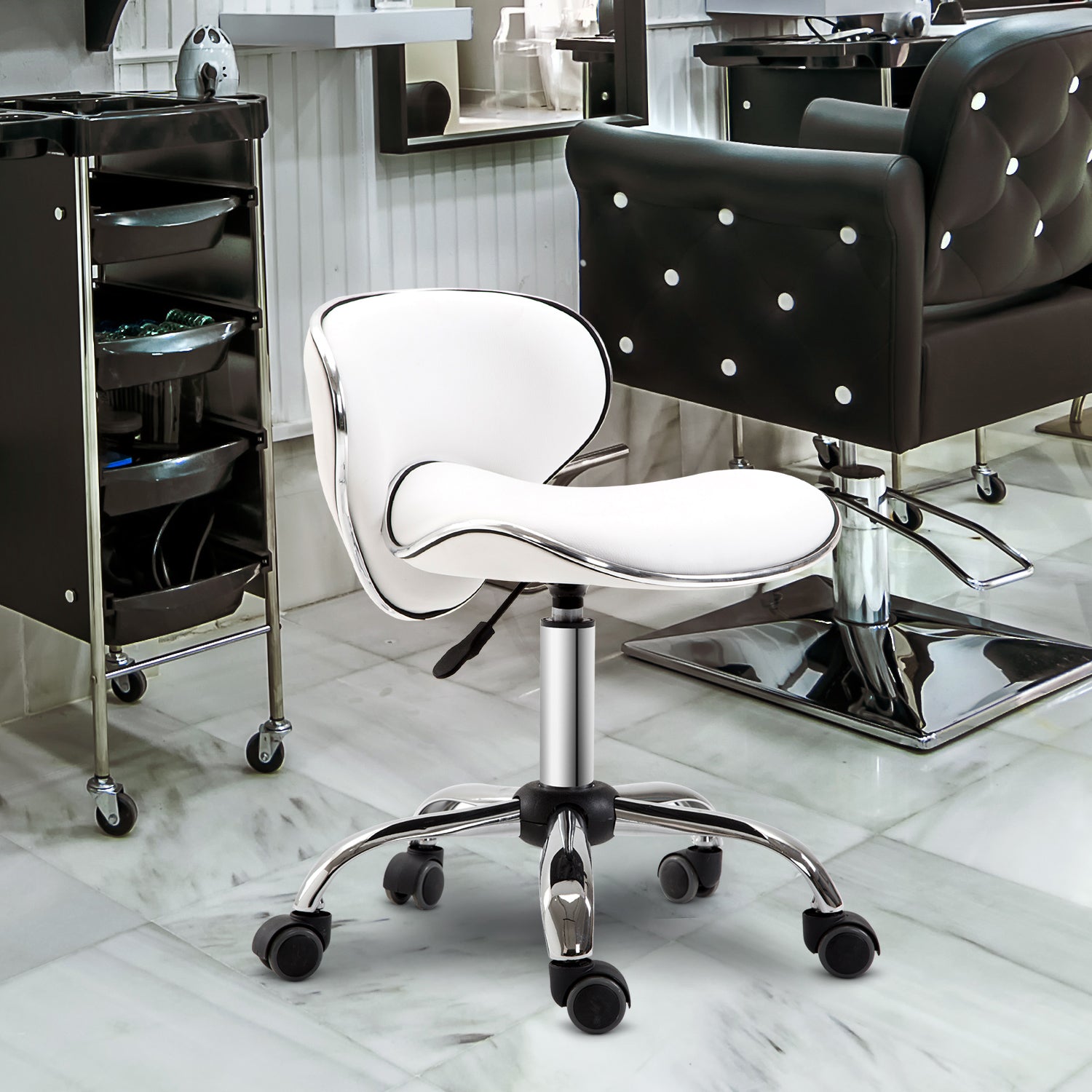 HOMCOM Adjustable Rolling Swivel Beauty Salon Chair, Stool for Spa, Technician - White 