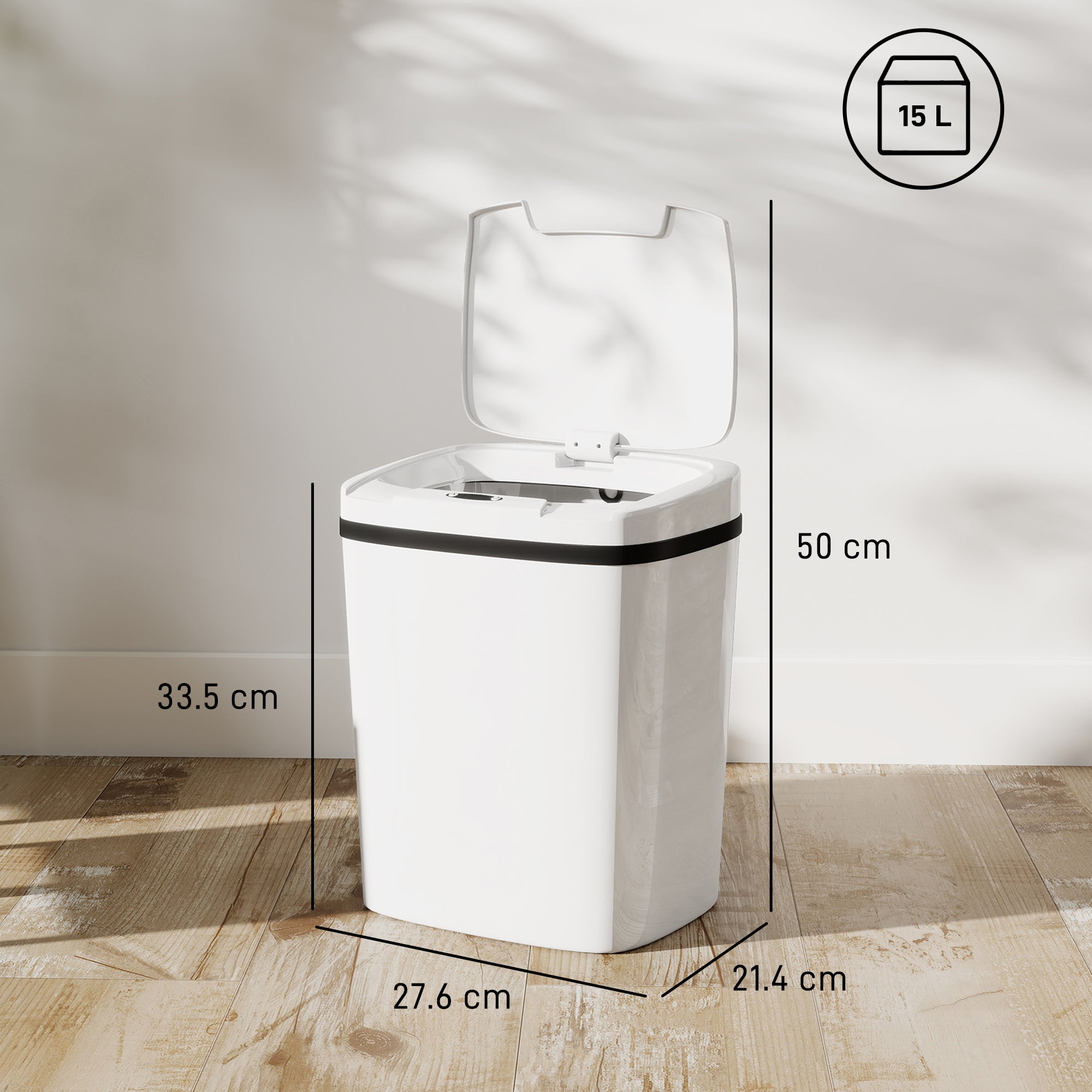 HOMCOM 15L Sensor Bin, Automatic Touchless Kitchen Bin, Easy Clean, Battery Operated for Home Office, Bedroom, Bathroom, White 