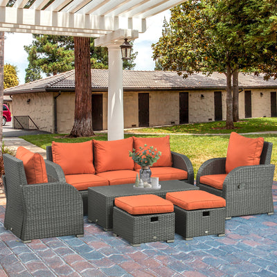 Outsunny Six-piece Outdoor Rattan Dining Set, with Reclining Armchairs - Orange 